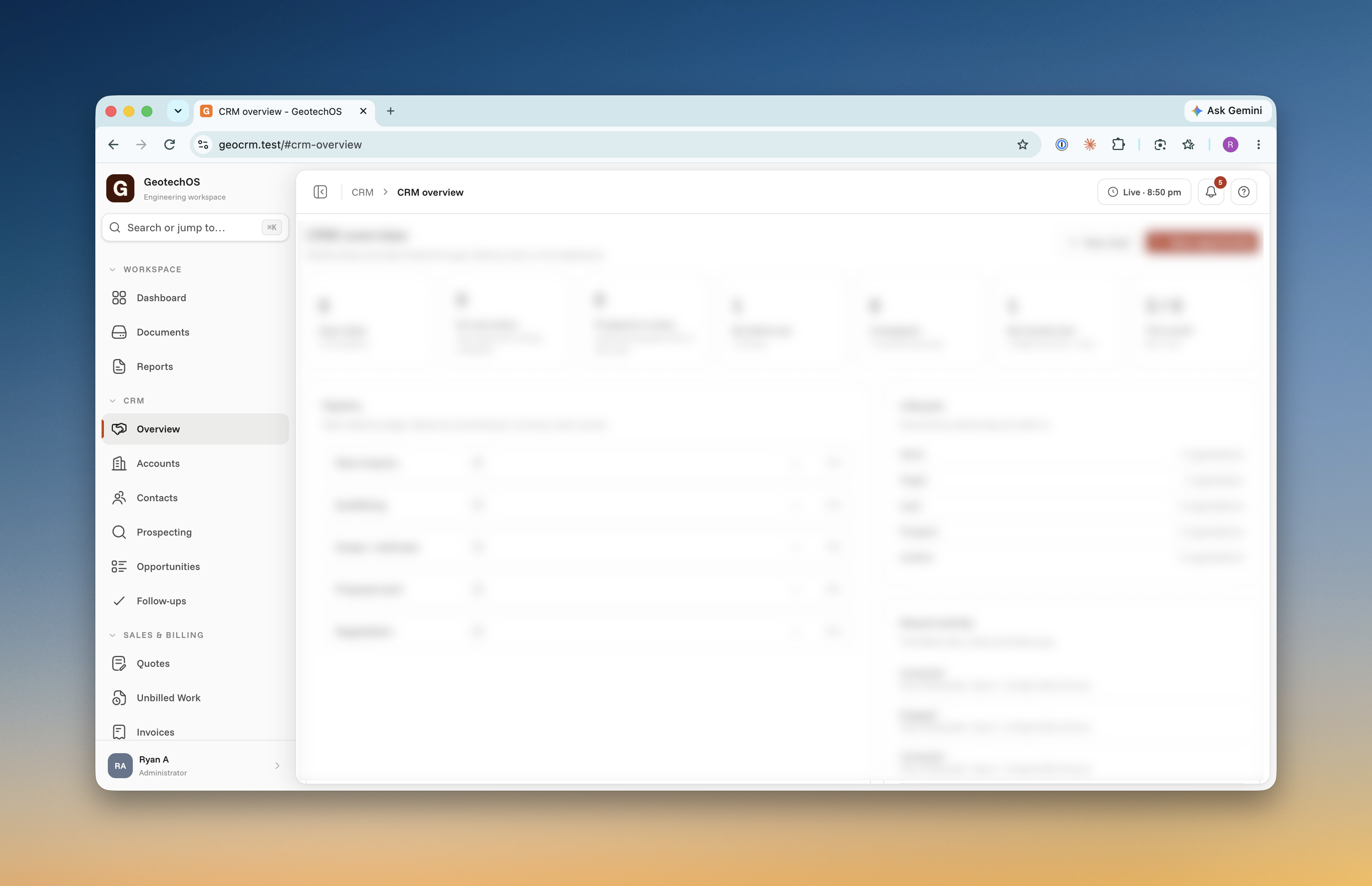 GeoCRM workspace showing the CRM overview and navigation for accounts, contacts, prospecting, opportunities and follow-ups
