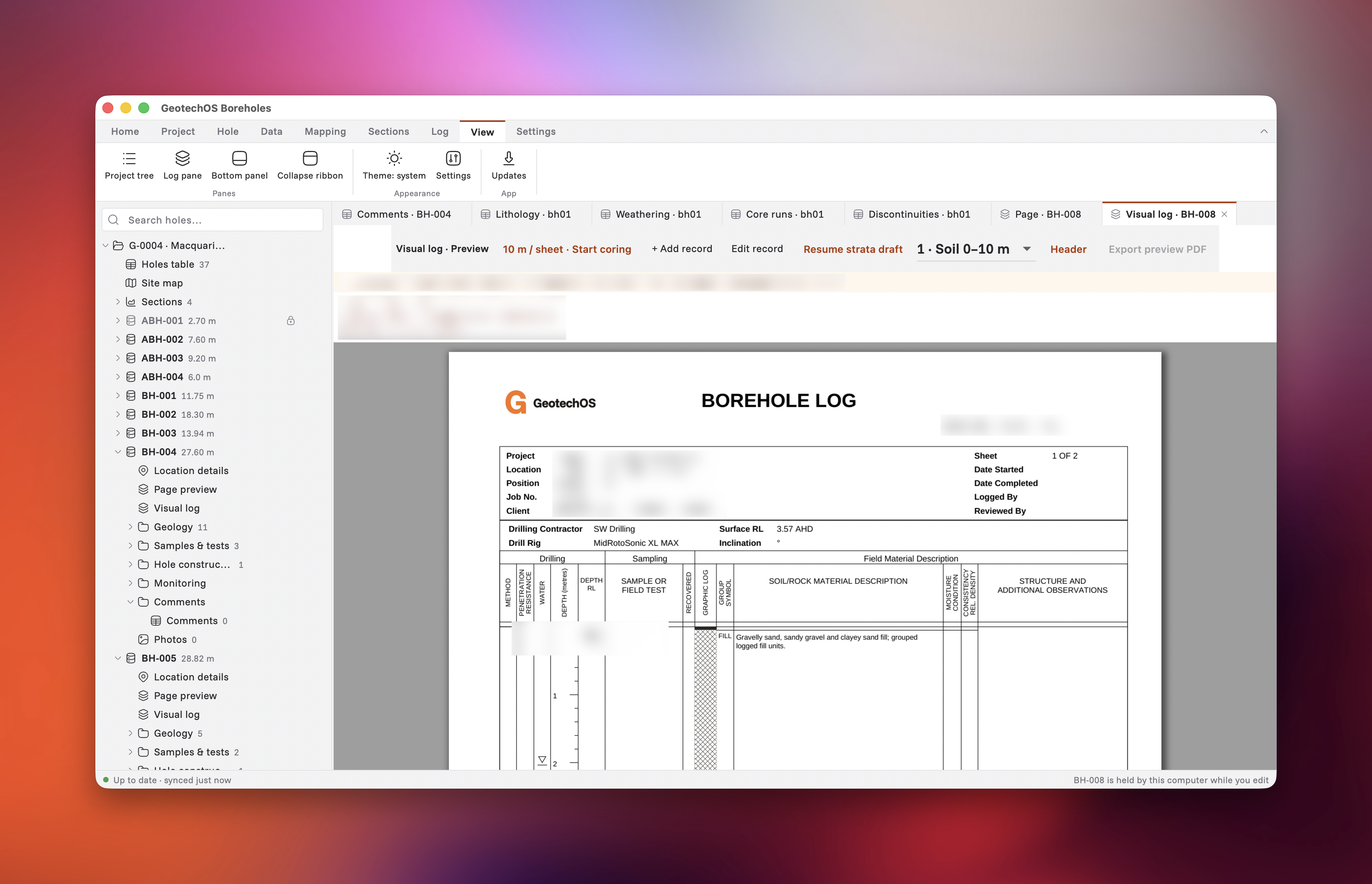 BHLCS desktop interface showing a borehole tree and a visual borehole log preview